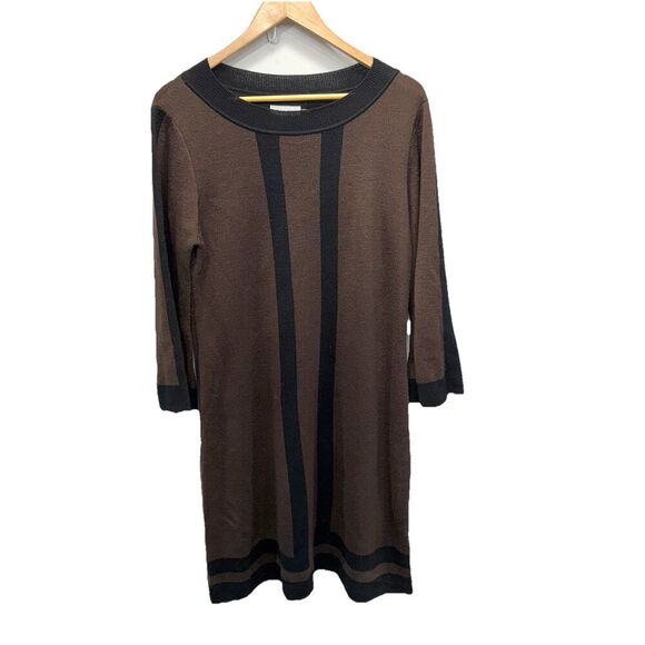 Calvin Klein Merino Wool Blend  Sweater Dress Black Brown Size Large Classic - Picture 1 of 10